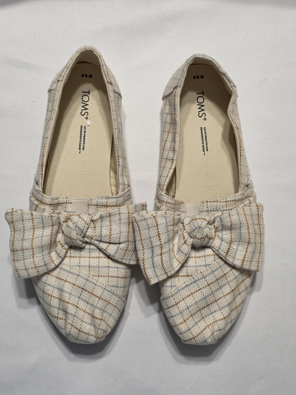 TOMS Bow-Front Plaid Slip-Ons in Cream, Tan and Light Blue